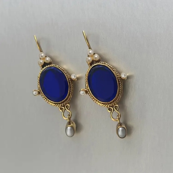 Anthropologie Jewelry - Elegant Blue and Gold Earrings with Pearl Accents